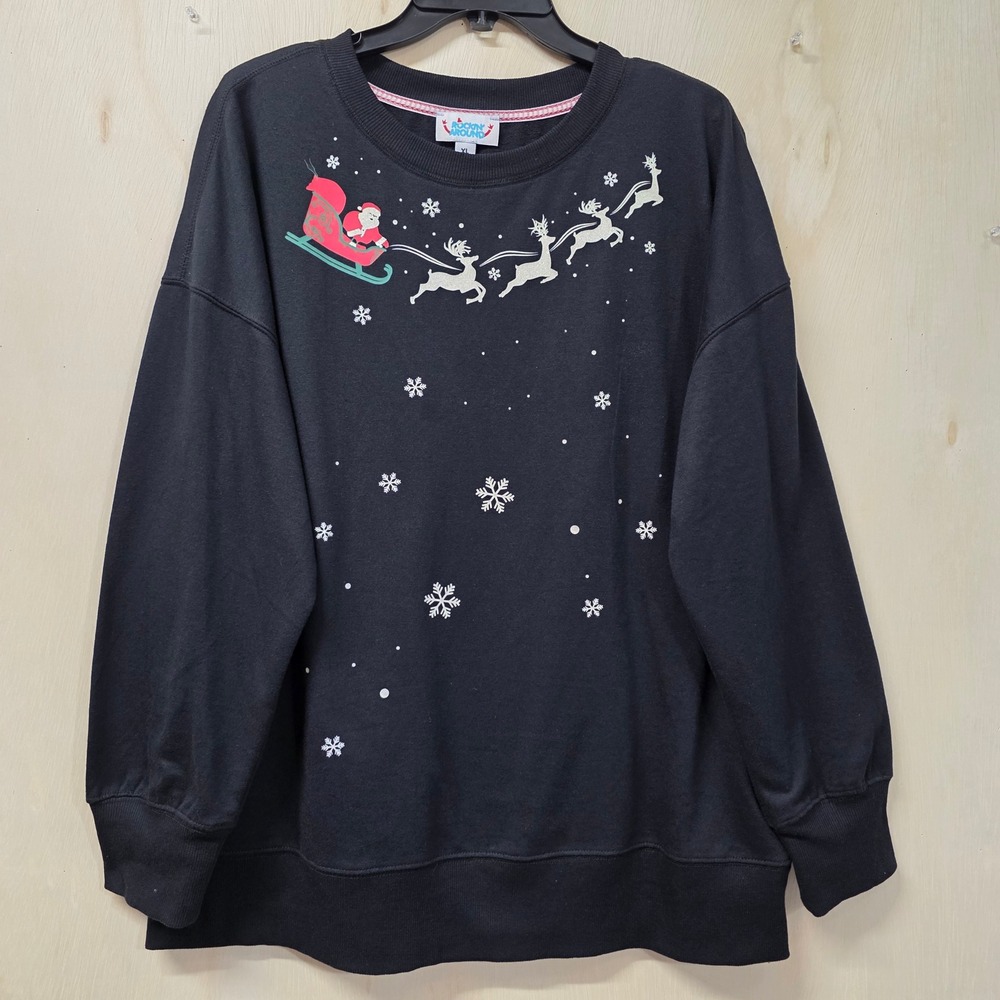 Rockin Around Black Santa Reindeer Christmas Sweatshirt Womens XL Holiday